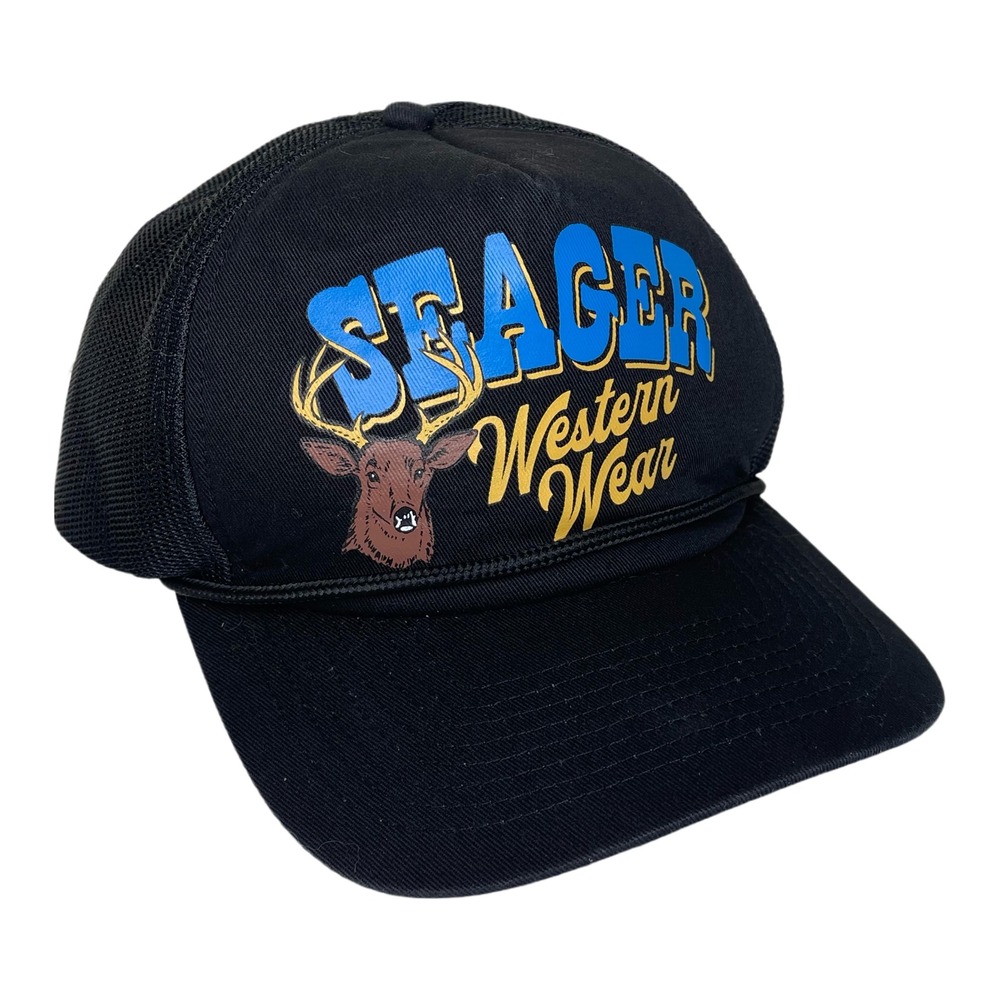 Seager Western Wear Grit Black Mesh Trucker Hat Cap‎ Deer Antlers Buck Cowboy